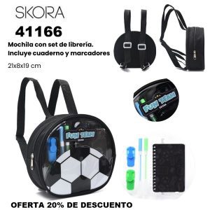 41166 Mochila con Set librería incluye cuaderno Pelota futbol Negro