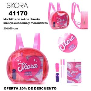 41170 Mochila con Set librería incluye cuaderno Corazon Skora Fucsia
