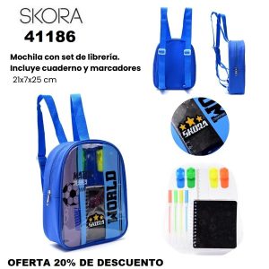 41186 Mochila con Set librería incluye cuaderno Futbol world azul