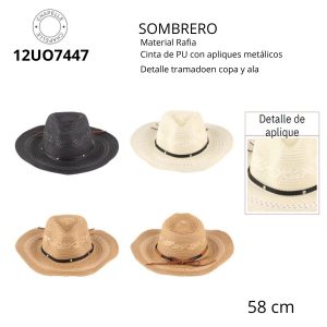 12UO7447 SOMBRERO RAFIA CON APLIQUES METALICOS
