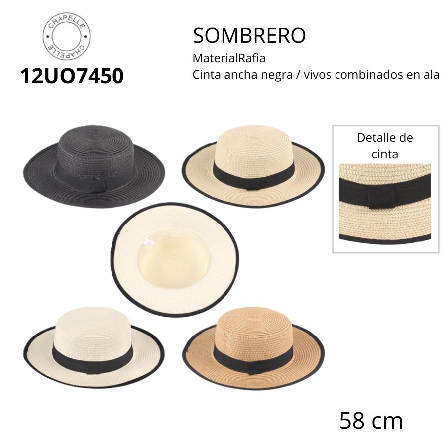 12UO7450 SOMBRERO RAFIA CINTA ANCHA NEGRA COMBINADOS EN ALA